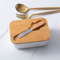 Engraved Pure White Ceramic Butter Dish with Bamboo Lids Honey Pot Cheese Container Procelain Butter Box