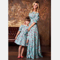 Family Matching Floral Series Blue Dresses Summer Lotus Sleeve Off Shoulder Mommy and Me Dress Matching Mother Daughter Clothes