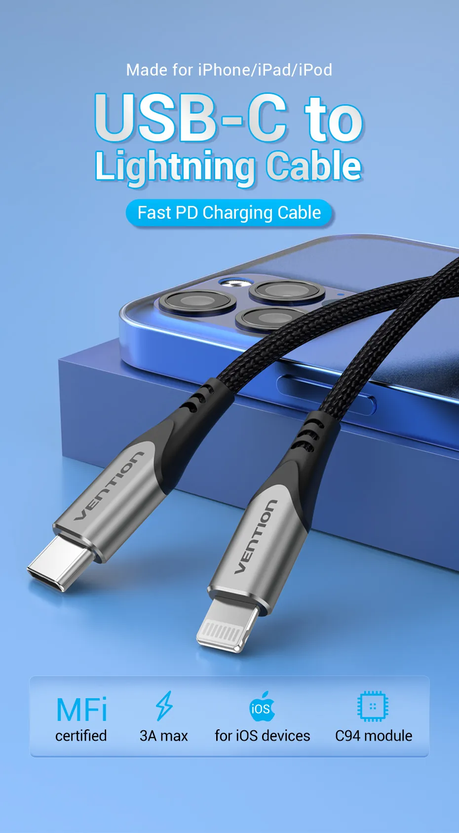 Cable Usb-c Para Lightning Carga Rapida Purpura 2m Vention