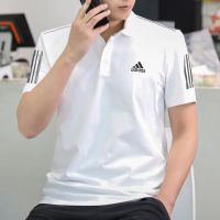 Adidas เสื้อโปโลแขนสั้นสีขาวของผู้ชาย,เสื้อผ้าไหมน้ำแข็งระบายอากาศได้ดีสีดำแบบคลาสสิก