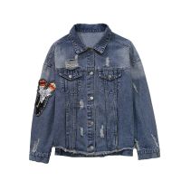 Designer Embroidered Long Sleeved Sequined Hole Jacket 2021 New Womens Single-Breasted Loose Turn-Down Collar Denim Coat