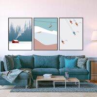 ภาพพิมพ์สกี-โปสเตอร์สกีหิมะ-Winter Mountain House Wall Art ภาพวาดผ้าใบ-ภาพสีฟ้าขาวนามธรรม-ตกแต่งของขวัญคริสต์มาส