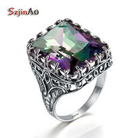 Szjinao Kpop Ring For Women Real 925 Sterling Silver Punk Ring Mystic Rainbow Topaz Gemstones Wide Large Vintage Silver Jewelry