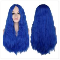 [Free ship] Factory direct long curly hair the middle parted corn perm big wave simulation scalp wig royal blue