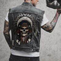 Mens Spring and Autumn Seasons New Hot Sale Street Personality Tribal Print Pattern Hole Sleeveless Vest Denim Jacket