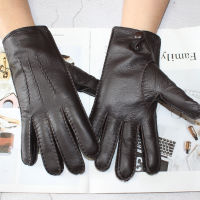 New hand-stitched touch screen leather mens deerskin gloves Wool knit lining black corrugated driving gloves