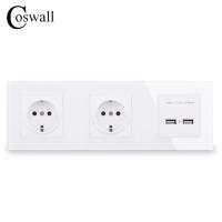 Coswall หน้าจอโทรศัพท์คริสตัลติดผนัง16a ซ็อกเก็ตคู่ปลั๊กไฟ Eu พอร์ต Usb สมาร์ทชาร์จคู่5V เอาต์พุต2a สีดำ