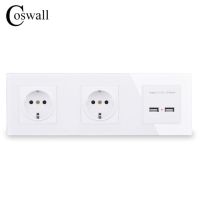 Coswall หน้าจอโทรศัพท์คริสตัลติดผนัง16a ซ็อกเก็ตคู่ปลั๊กไฟ Eu พอร์ต Usb สมาร์ทชาร์จคู่5V เอาต์พุต2a สีดำ