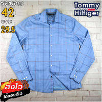 Tommy Hilfiger®แท้ อก 42 เสื้อเชิ้ตผู้ชาย ทอมมี่ ฮิลฟิกเกอร์ สีฟ้า เสื้อแขนยาว เนื้อผ้าดี