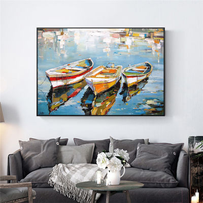 3 Boats Oil Canvas Painting Sea Landscape Posters and Prints Wall Art Picture for Living Room Home Decor Cuadros