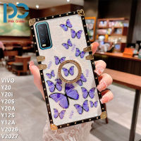 ใหม่แฟชั่นเคสโทรศัพท์หรูหราสำหรับ VIVO Y20 Y20i Y20S Y20A Y12S Y12A V2026 V2027 Shell รูปแบบผีเสื้อพิมพ์โทรศัพท์กรณีสแควร์กันกระแทกโทรศัพท์กรณีที่มีขาตั้งแหวน