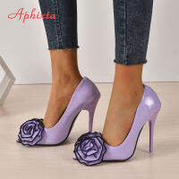 Aphixta ใหม่ Super High 12ซม. Stiletto รองเท้าส้นสูงปั๊มรองเท้าผู้หญิงสีม่วง Rose ดอกไม้ Appliques สีสันปั๊มขนาดใหญ่33-50