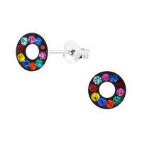 Silver thai Round shaped rainbow crystal stud earrings ต่างหูวงกลมรล้อมวงหลายสีใส่เที่ยวก็ดูสวยคะ