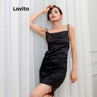 【คุณภาพสูง】Lovito เดรสเซ็กซี่ สีพื้น คอกว้าง L05249 (สีดำ)