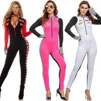 แข่งสาวผู้หญิงJumpsuitเครื่องแต่งกายS-2XLสีชมพูสีขาวเซ็กซี่Race Car DriverชุดฮาโลวีนExotic Raceชุดบอดี้สูทแฟนซีชุด