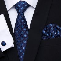 Blue Floral Tie Extra Long Size Crevate Hanky Cufflinks Sets Men 39;s Silk necktie for men Formal Wedding Party