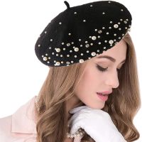 2021 Winter Warm Rhinestone Pearl Beret Hat Classic Beanie Caps French Berets Casual Wool Winter Hat Caps for Women Girl Cap