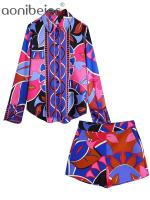 Aonibeier  Summer Women Chic Geometric Print Pink Suits Traf Top Blouse High Low Hem Shirt Shorts Female 2 Piece Sets