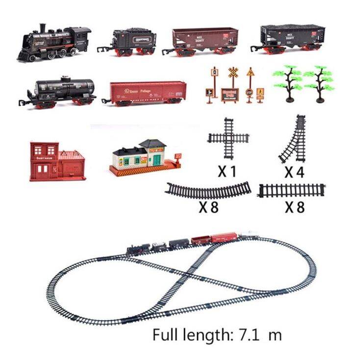 รถไฟรางรถไฟของเล่นจำลองควันไฟฟ้ารถไฟไอน้ำแบบคลาสสิกรถบรรทุกเด็กแบบจำลองสำหรับเด็กผู้ชายทางรถไฟ