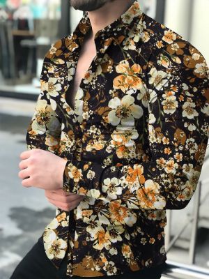 Mens Shirt Long Sleeve Hawaiian Social Luxury Button Up Cardigan Blouses Wholesale 2021Single Breasted Turn-down Collar Broad