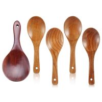 ⊙∈ 1X Teak Wood Spoon Natural Solid Wood Rice Spoon 4Pieces Wood Spoons 21.5Cm Wooden Rice Paddle Versatile Serving Spoon