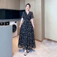 Chiffon Floral Dress Womens 2023 New Summer French Kikyo Ankle Dress Ladies Fashion Slim Dress Sexy V-Neck Dress Plus Size 5XL