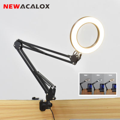 2021NEWACALOX Table Clamp 5X Magnifying Glass with 64 SMD LED Lights 3 Color Modes Stepless Dimmable Desk Lamp Magnifier for Reading