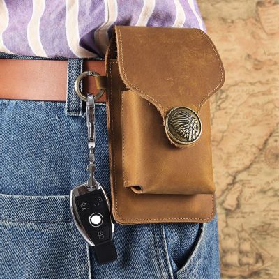 กระเป๋าเอวกระโปรงกระเป๋าหนังแท้สำหรับผู้ชายเข็มขัดกันขาสะโพกสำหรับผู้ชาย6-7.5นิ้วเคสที่จุดบุหรี่โทรศัพท์มือถือกระเป๋ากลางแจ้ง