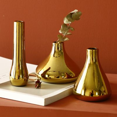 Nordic Home Office Desktop Decoration Luxury Vases Plated Gold Vase Dried Flower Vase Ceramic Vase Modern Mini Vase