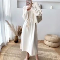 Chic Elegant Woman Woolen Dress Lace Up Autumn 2021 O-neck Long Sweater Dress Female Vestido Winter High Waisted Knitwear OL