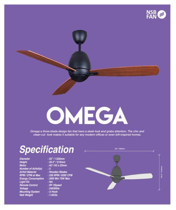 NSB FAN OMEGA 52 INCH CEILING FAN AC MOTOR REMOTE CONTROL 3 SPEED WITH