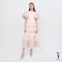 TandT - FENELLA Dress - RUFFLE TRIMMED LAYERED SLEEVES TULLE MAXI DRESS เดรสยาวเข้ารูปกระโปรงบาน คอกลม แขนสั้นรูดระบายทรงพองกลม ตกแต่งรูดชั้นระบายชายกระโปรง