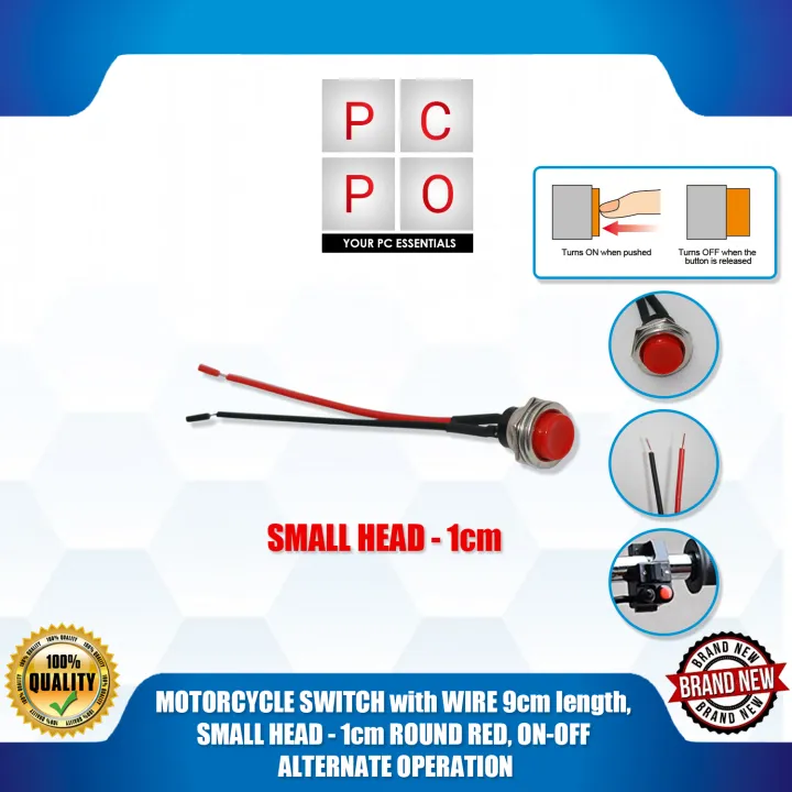 MOTORCYCLE SWITCH with WIRE 9cm length, SMALL HEAD - 1cm ROUND RED, ON ...