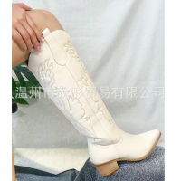 2022 Autumn And Winter New Thick Heel Pu Leather Pointed Head Western Denim Boots Female Retro V