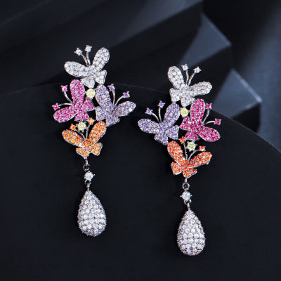 CWWZircons Elegant Designer Micro Pave Cubic Zirconia Stones Purple Red Long Butterfly Drop Earrings for Women Engagement CZ970