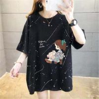 COD DSFERTRETRE 【40-150kg】 Korean Style Plus Size Little Girl Printed Tee Womens Oversized T-shirt Casual Round Neck Short Sleeves Big Size Tops Loose Fit Patterned Tops Tummy Hide Tee For Chubby Ladies
