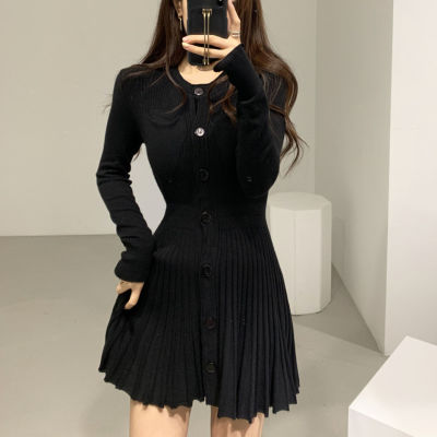 Korean Casual Single Breasted Knitting Mini Dress Women Autumn Winter Buttons Knitted Sweater Dress Pleated Robe Femme Vestidos