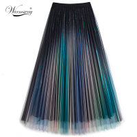 Womens Bright Gradient Color Tulle Skirt Ladies High Waist Shining Bling Pleated Mesh Midi A-Line Skirts C-049