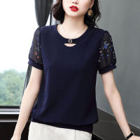 Women Shirt Chiffon Round Neck Plus Size Short Sleeves Blouse Loose Fashion Casual Pullover Tops