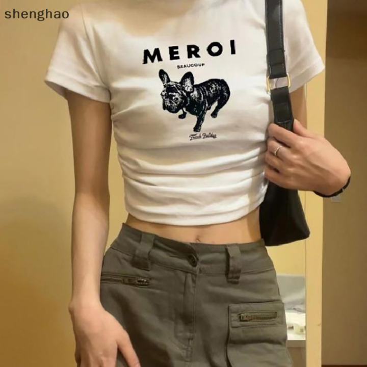 shenghao-เสื้อยืดแขนสั้นพิมพ์ลายการ์ตูนสุนัขฤดูร้อนย้อนยุคอเมริกันเสื้อครอปคอกลมสำหรับผู้หญิง