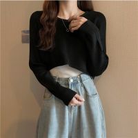 [Real Photo] Korean style round neck bubble long sleeved short sweater women short slim knit top