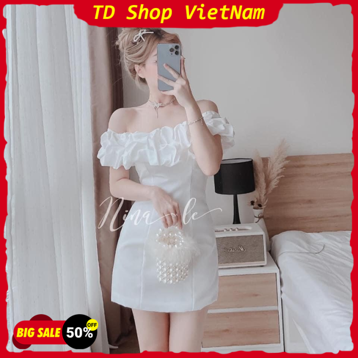 Vouccher 50k - FreeShips] Đầm trễ vai tay phồng màu trắng mặc đi ...