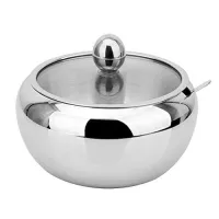2 Cup Capacity 500ml Stainless Steel Sugar Bowl with Glass Lid Bonus Spoon