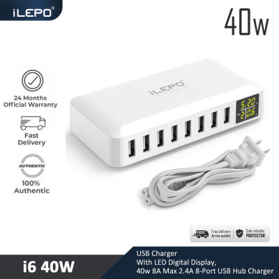 iLEPO Multi port charger with LED Digital Display, 40w 2.4A 8-Port USB Hub Charger for iPhone iPad Smart Phone and Other Devices