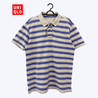 เสื้อโปโลคอปกผู้ชายแขนสั้น ลายทางสีครีมม่วง มือสอง Uniqlo