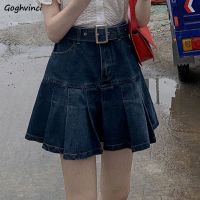 【CC】 Pleated Skirts Denim Waist Student Fashion Leisure All-match Korean Version