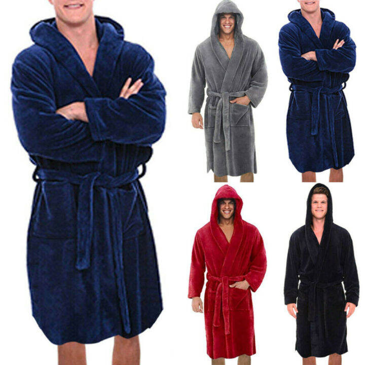 Mens Plain Hooded Towelling Bathrobe Dressing Gown Warm Fleece Robe