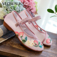 Veowalk ดูผ่านฤดูร้อนผู้หญิงผ้ากอซบัลเล่ต์แฟลตดอกไม้ปักรองเท้าแบนกับหัวเข็มขัดเก่าปักกิ่ง Ballerinas