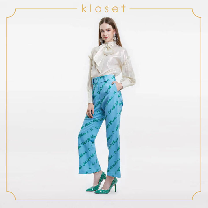 kloset-printed-high-waist-trousers-aw19-p013-กางเกงแฟชั่น-กางเกงผ้าพิมพ์-กางเกงเอวสูง