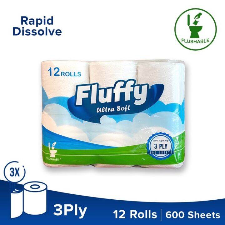 Fluffy Essentials Flushable Tissue 3 ply 200 pulls x 12 Tissue Rolls x